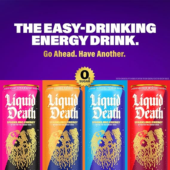 Liquid Death Sparkling Energy - Murder Mystery (Cherry, Cream, Spice), Zero Sugar Energy Drink, Unextreme Caffeine 100mg, Essential Vitamins, 12 Fl Oz (Pack of 12)