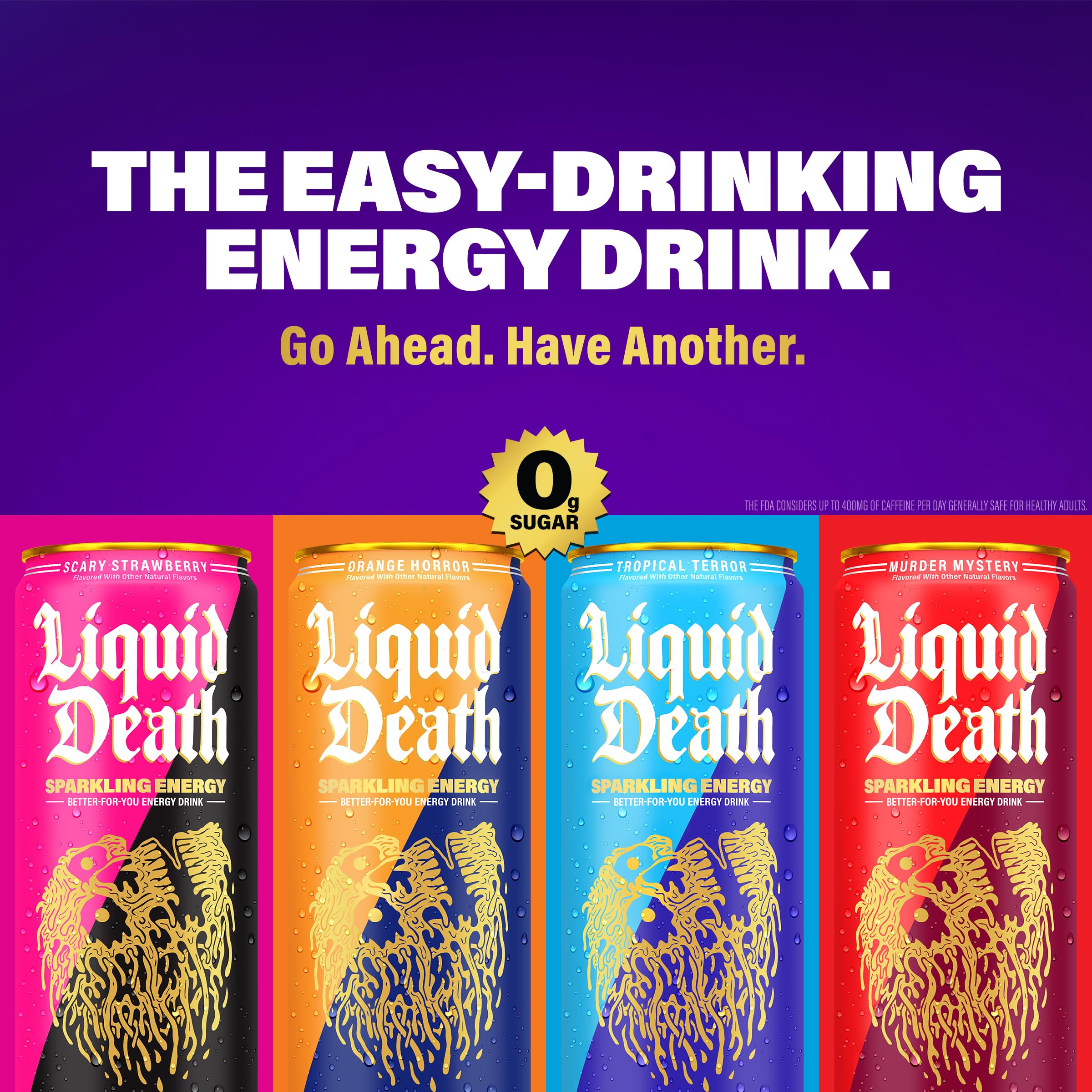 Liquid Death Sparkling Energy Variety Pack, Zero Sugar Energy Drink, Unextreme Caffeine 100mg, Essential Vitamins, 3 Flavors: Strawberry, Orange, and Murder Mystery, 12 Fl Oz (Pack of 12)
