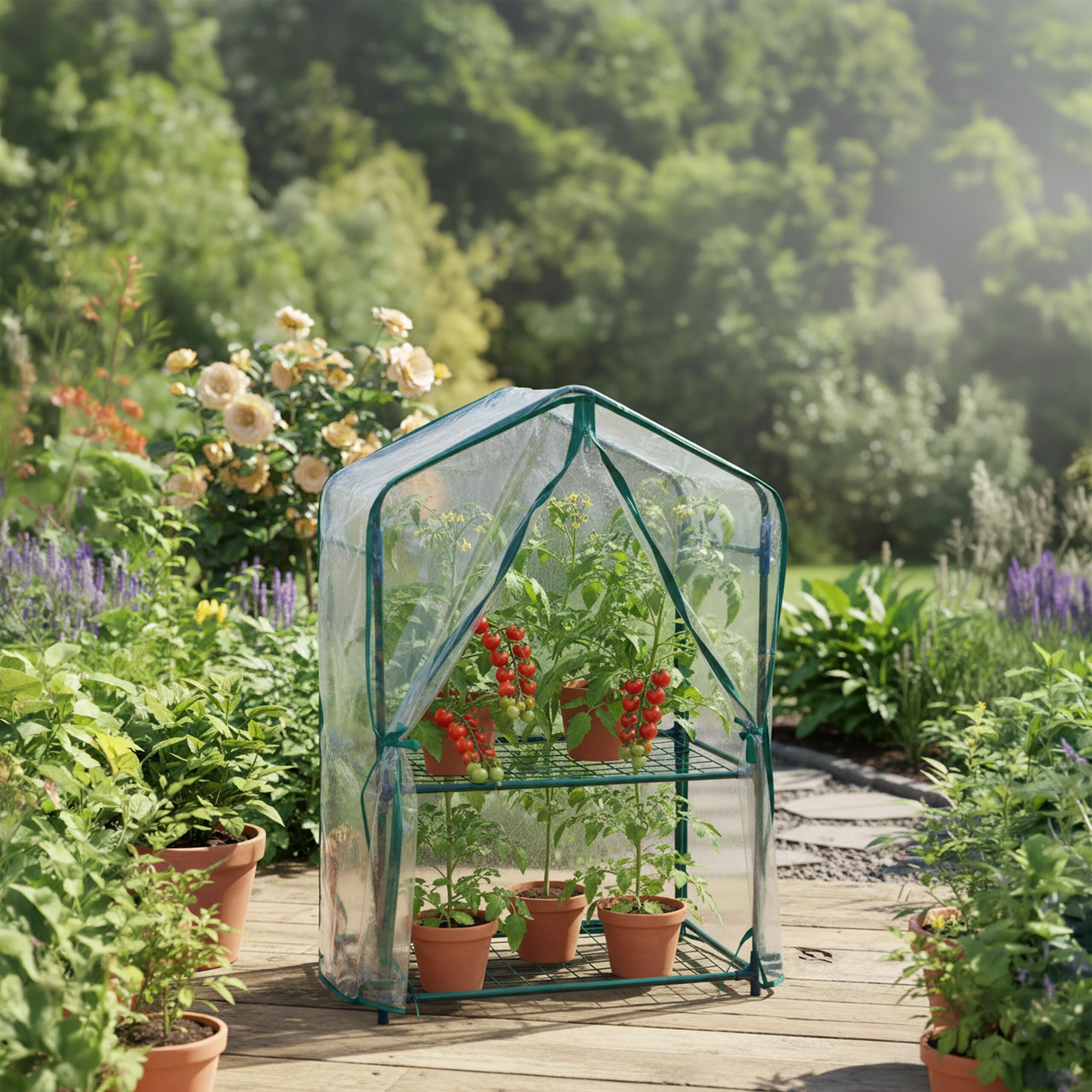 Relaxdays Balkon Gewächshaus, 2er Pack, PVC-Folie, Stahl, HxBxT: 95 x 59 x 39 cm, Tomatenhaus 2 Etagen, grün/transparent