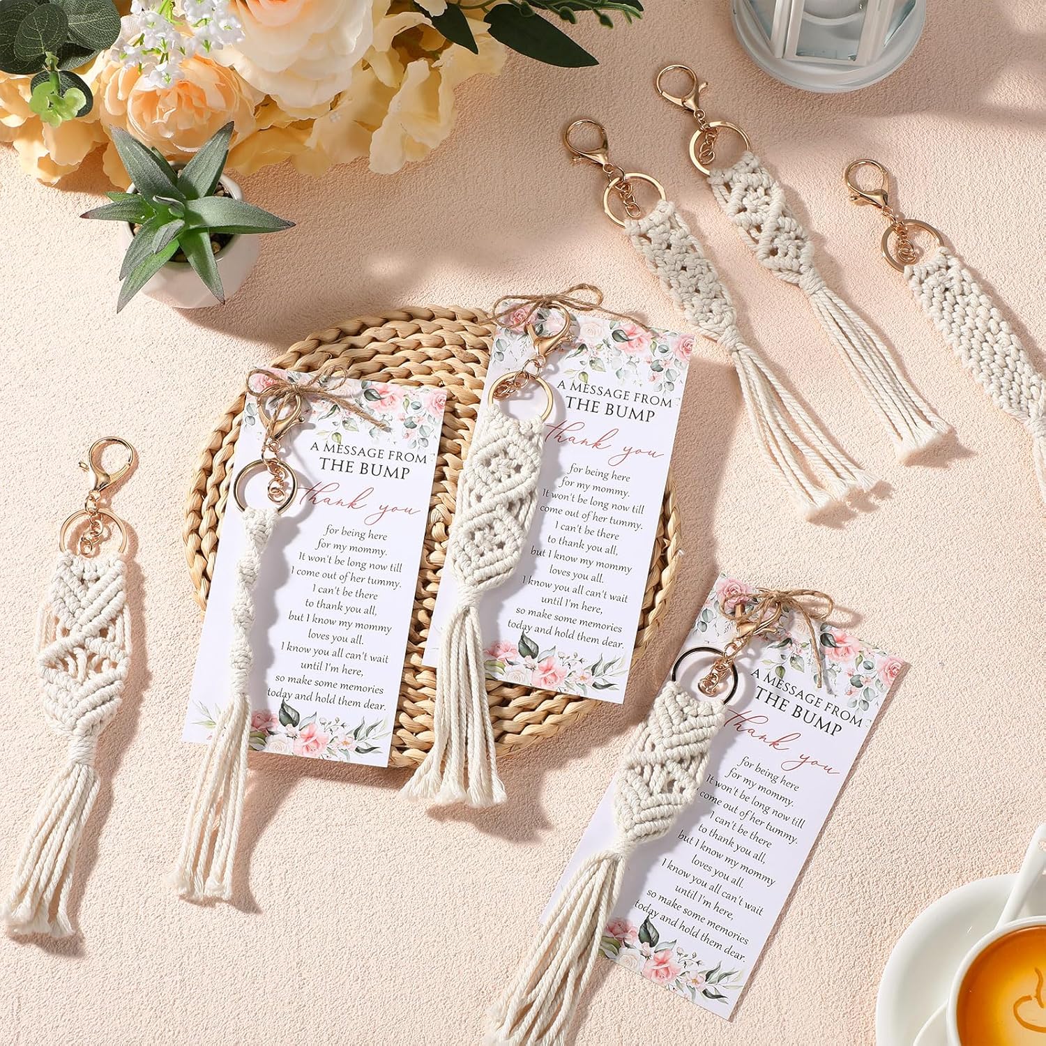 48 Sets Baby Shower Favors for Guests Boho Macrame Keychains Bulk Baby Shower Gifts Crochet Tassel Key Ring with Thank You Cards for Girls Boys Birthday Party Favors Prizes (Flower)
