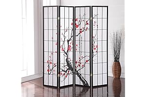 Roundhill Furniture Black Japanese 4-Panel Folding Screen Room Divider - Intricate Plum Blossom Design