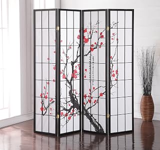 Roundhill Furniture Black Japanese 4-Panel Plum Blossom Room Divider Screen - Privacy Partition for Home