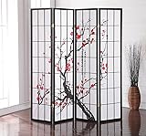 Roundhill Furniture Black Japanese 4-Panel Screen Room Divider, Plum Blossom