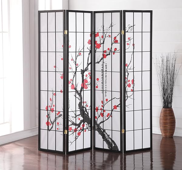 Roundhill Furniture Japanese 4-Panel Screen Room Divider, Plum Blossom