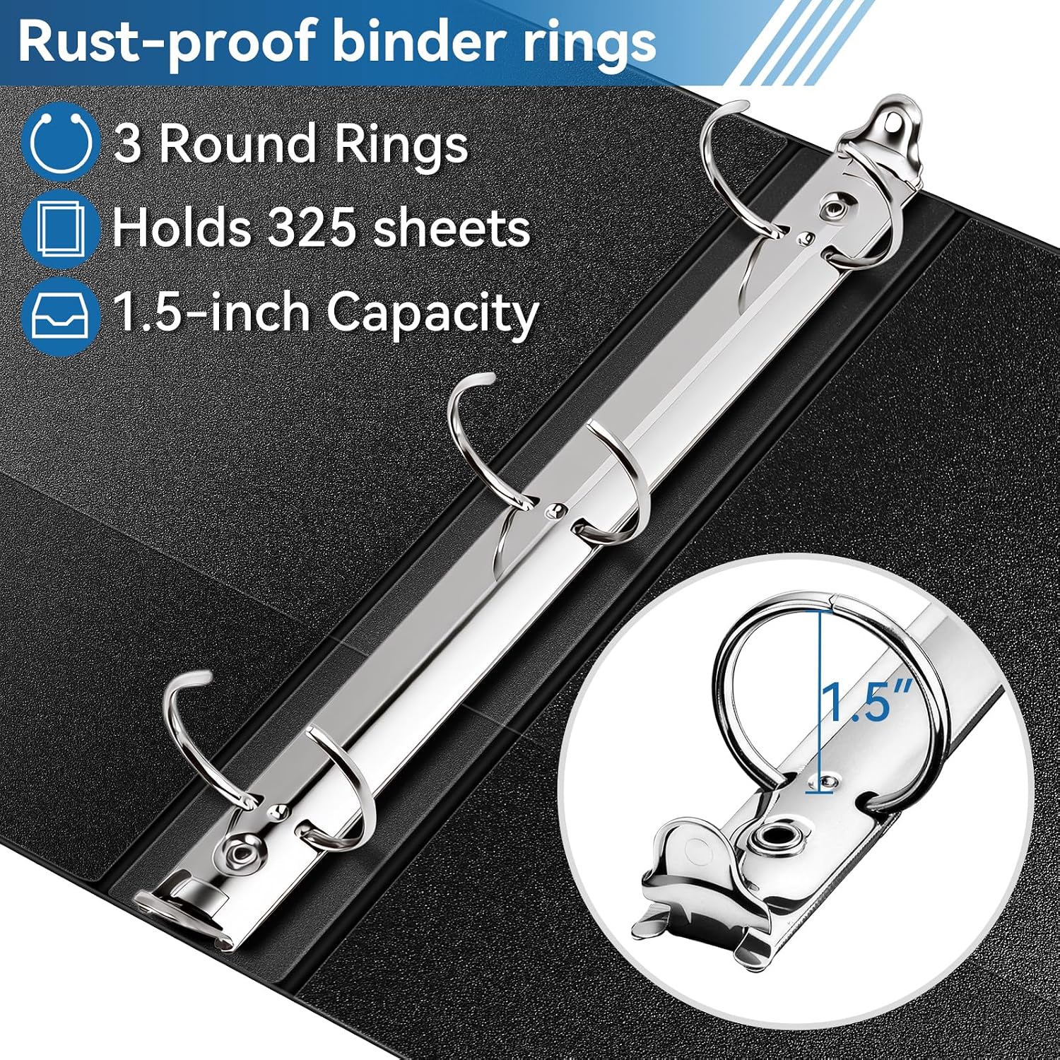 SUIN Durable 1.5 Inch 3 Ring Binder, 10 Pack Black Round Ring Binders for 8.5 x 11 Paper, Clear View Cover, 325 Sheet Capacity, Inner Pockets, PVC Free Office School Supplies image 3