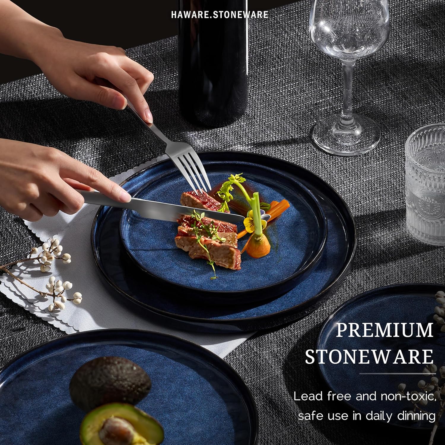 HaWare Dinnerware Sets, 12-Piece Plates and Bowls Set, Stoneware Dish Set for 4, Ceramic Dinnerware for Home Restaurant, Chip and Scratch Resistant, Microwave and Dishwasher Safe, Reactive Starry Blue - Image 6