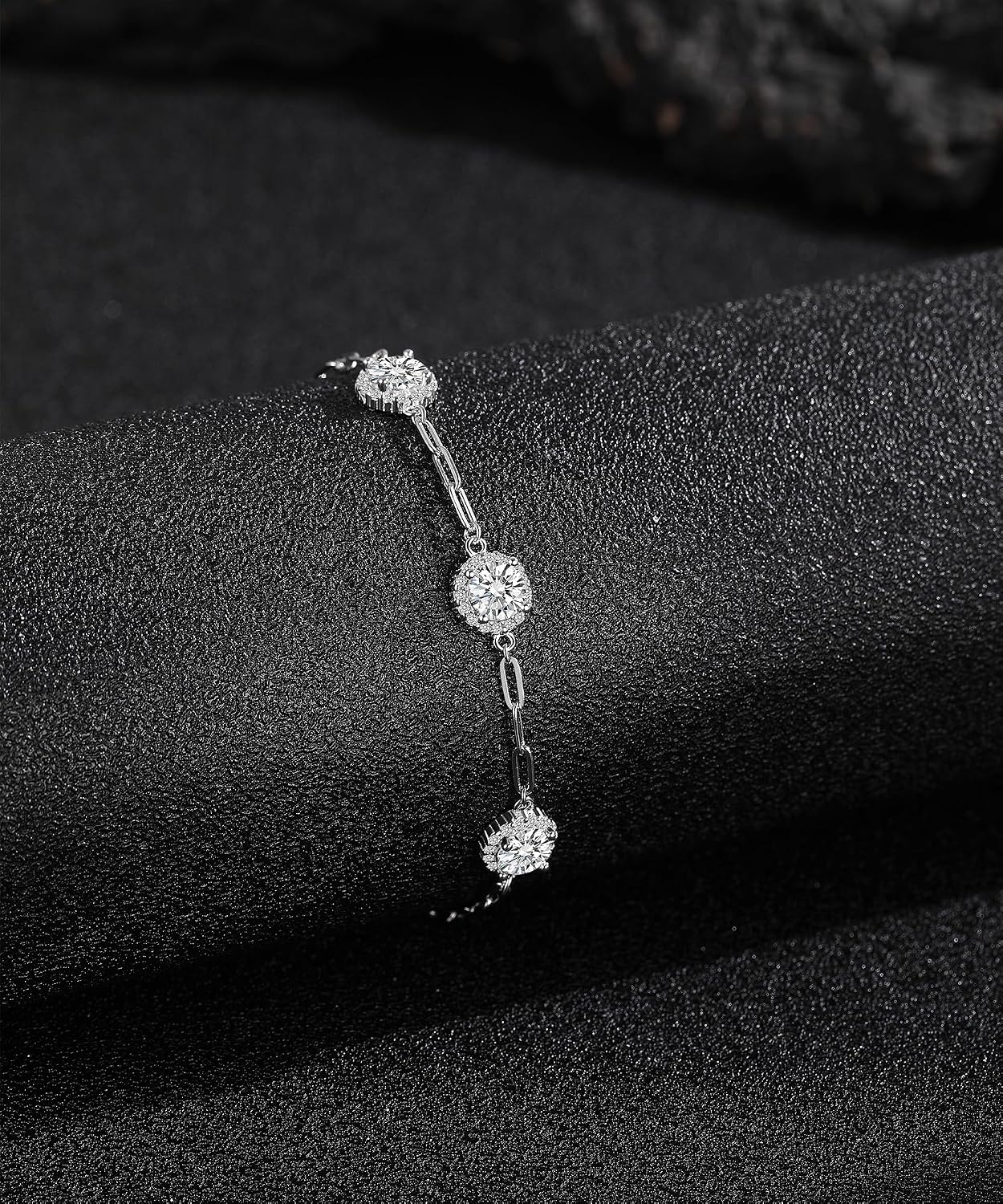 ÀIMBRACE Moissanite Bracelets for Women: Moissanite Link Charm Bracelet, 925 Sterling Silver/18K White Gold Plated/Rhodium Finish, Round Halo, Adjustable, Fine Jewelry Gift Ideas for Women