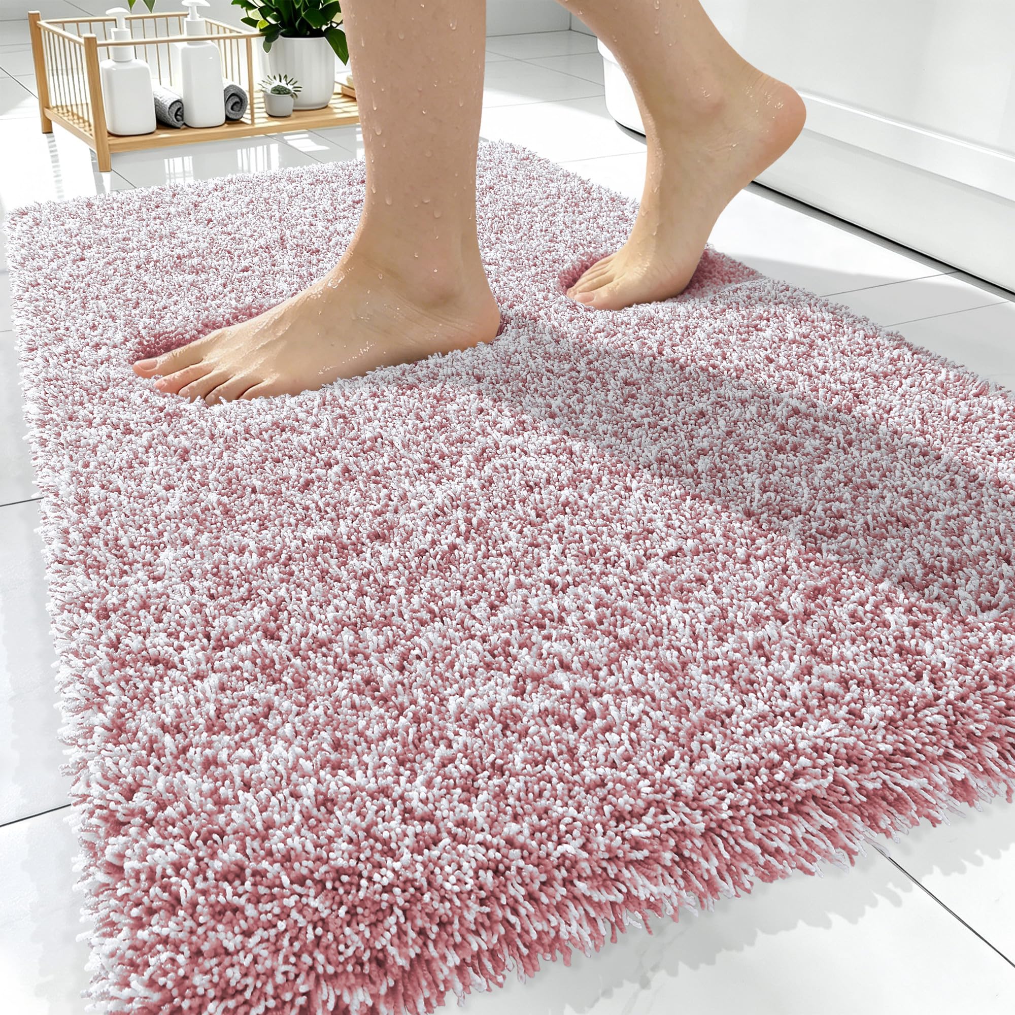 OLANLY Microfiber Bathroom Rugs 30x20, Quick Dry Mat, Deep Rose and White