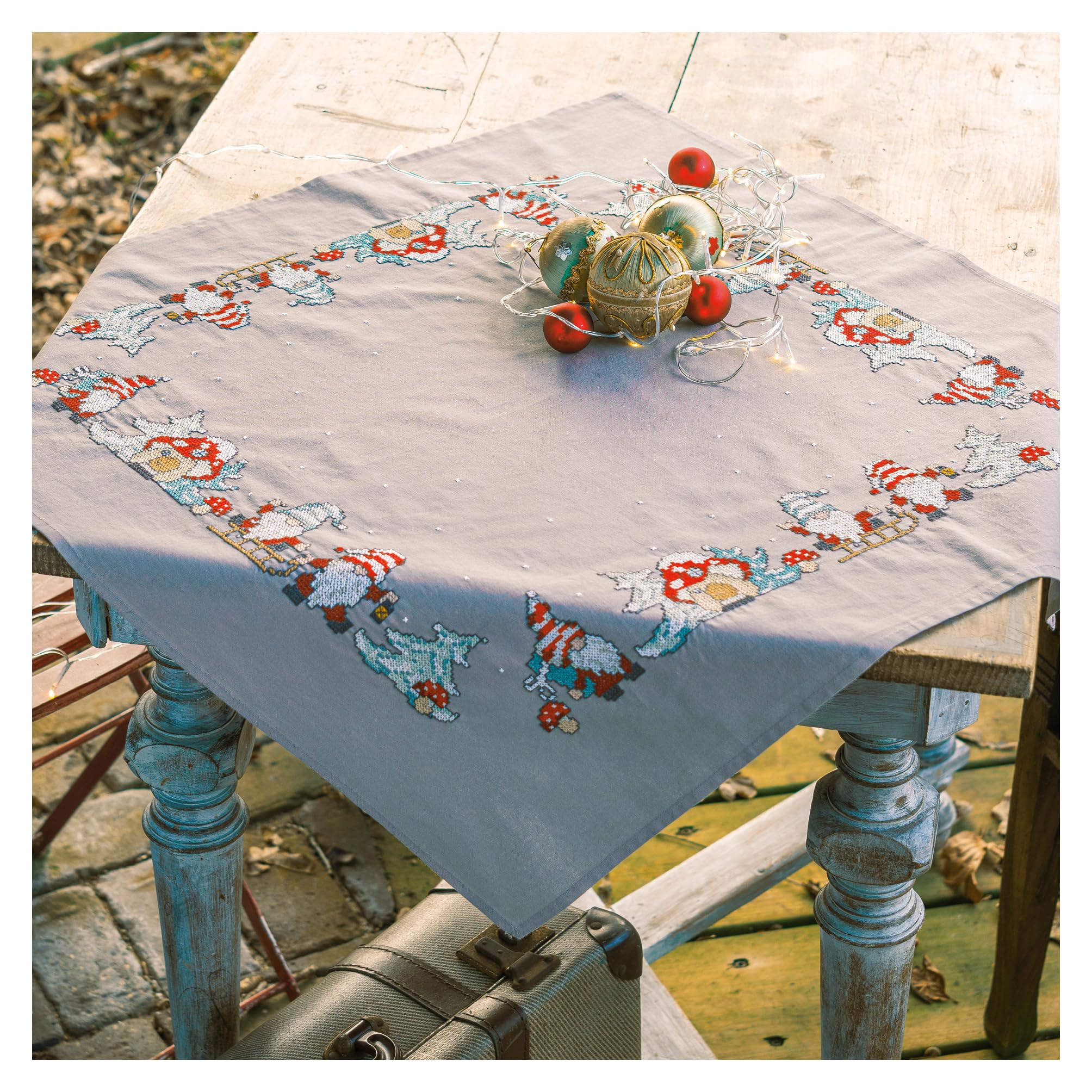 VERVACO Embroidery Cross Stitch Kit Pre-Printed Tablecloths Gnomes Table Linen Set DIY Creative Approx. 72 x 72 cm Kit Hobby Creative Adults Home Decor Cross Stitch Embroidery