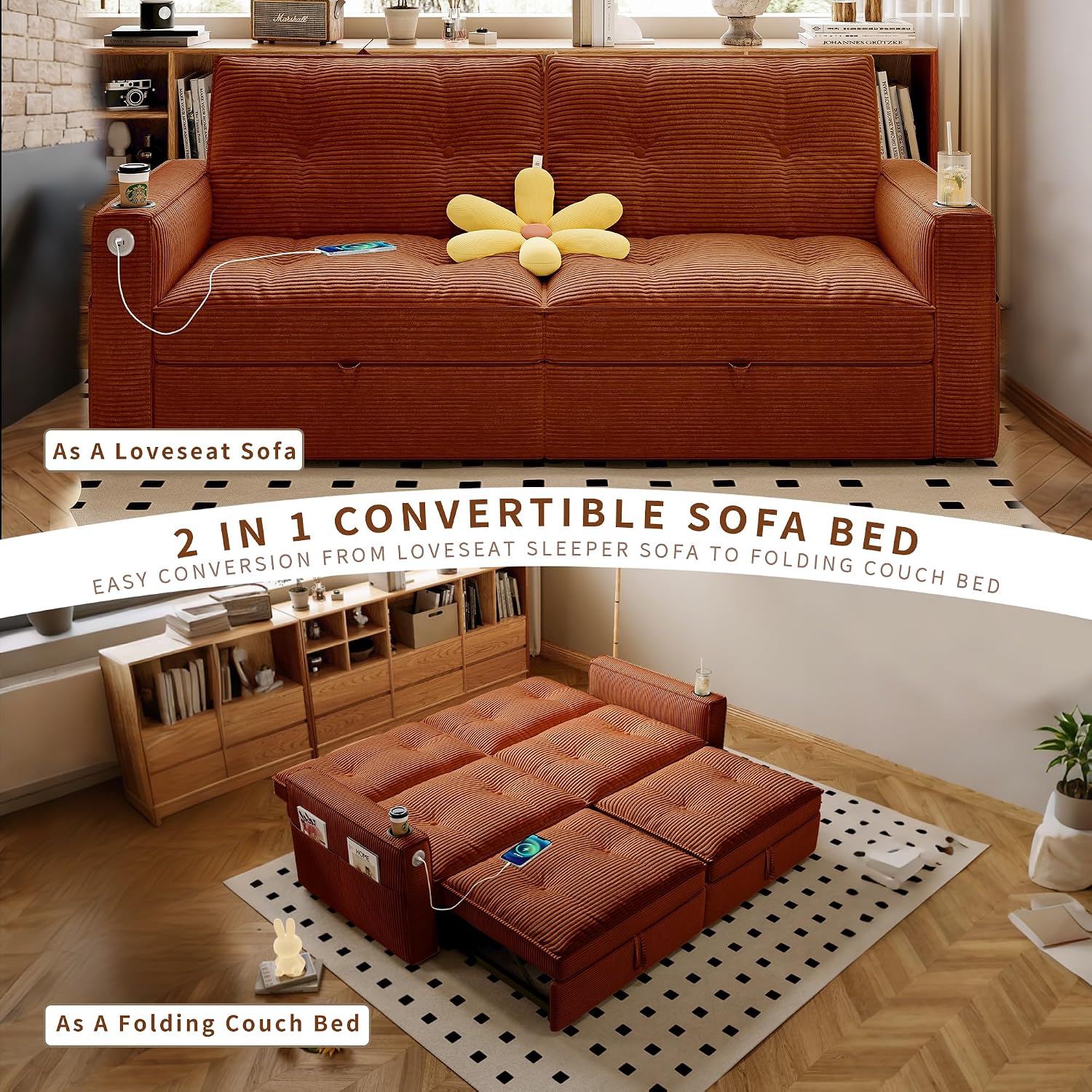 KEIKI Convertible Sofa Bed, 3 in 1 Pull Out Couch, 73" Pull Out Sofa Bed with Side Pocket for Living Room, Bedroom, Small Space, Orange