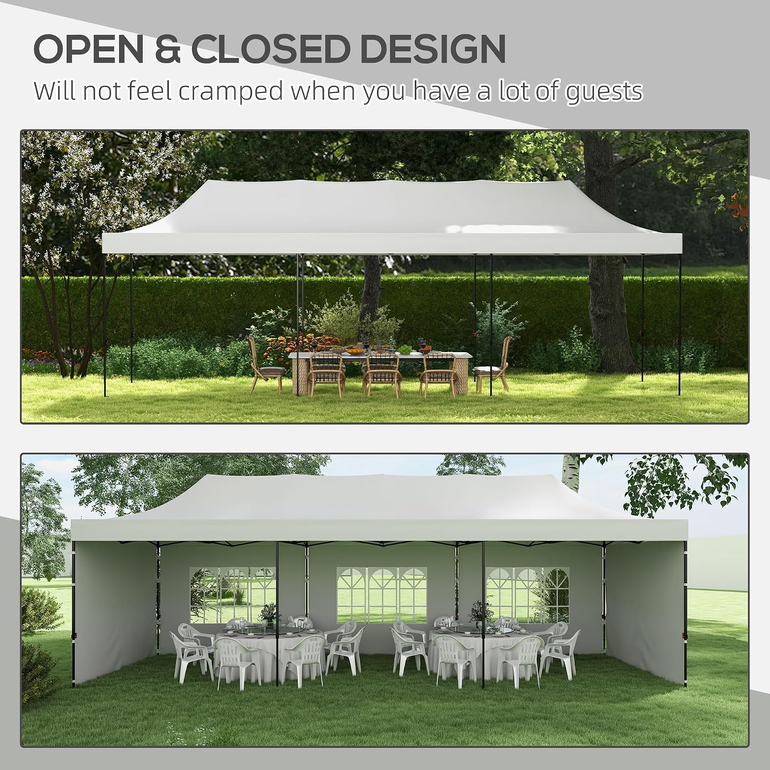 Outsunny 9.5' x 28' Pop Up Canopy Tent with Sidewalls, Instant Sun Shelter, White Tent for Parties, Height Adjustable with Carry Bag and 4 Sand Bags for Outdoor, Garden, Patio