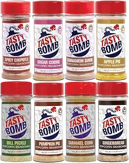 Tasty Bomb Vegan Popcorn Seasoning Variety Pack – 8 Gourmet Flavors – Dill Pickle, Sugar Cookie, Gingerbread, Pumpkin Pie, Apple Pie, Cinnamon Swirl, Caramel Corn & Spicy Chipotle – All‑Natural, Non‑GMO & Gluten‑Free