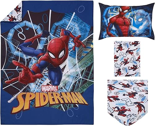 Miniatura 8 de NoJo Marvel Spiderman to The Rescue - Juego de ropa de cama infantil de 4 piezas, color rojo, blanco y azul, edredón, sábana bajera ajustable,
