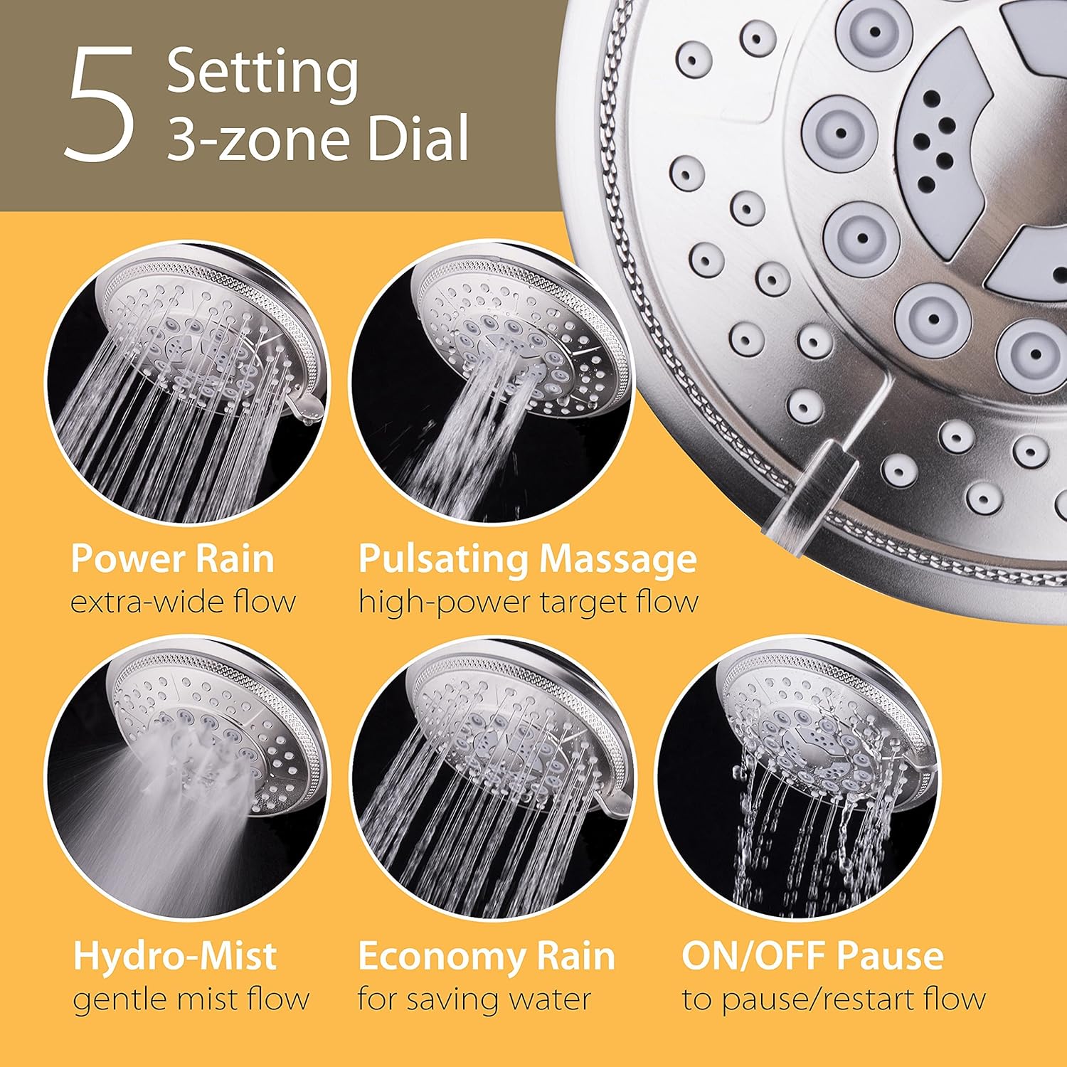 1733 Handheld Showerhead & Rain Shower Combo. High Pressure 24 Function 4" Face Dual 2 in 1 Shower Head System with Stainless Steel Hose, Patented 3-way Water Diverter in Nickel Finish