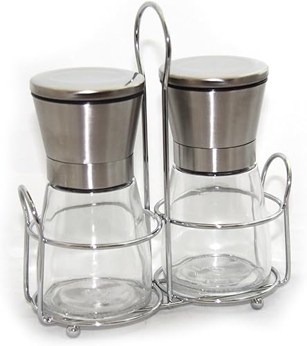 Miniatura 9 de Salero o pimentero con soporte a juego | Molinillo de especias con grosor ajustable | Molino de acero inoxidable cepillado | Par de molinos de sal y