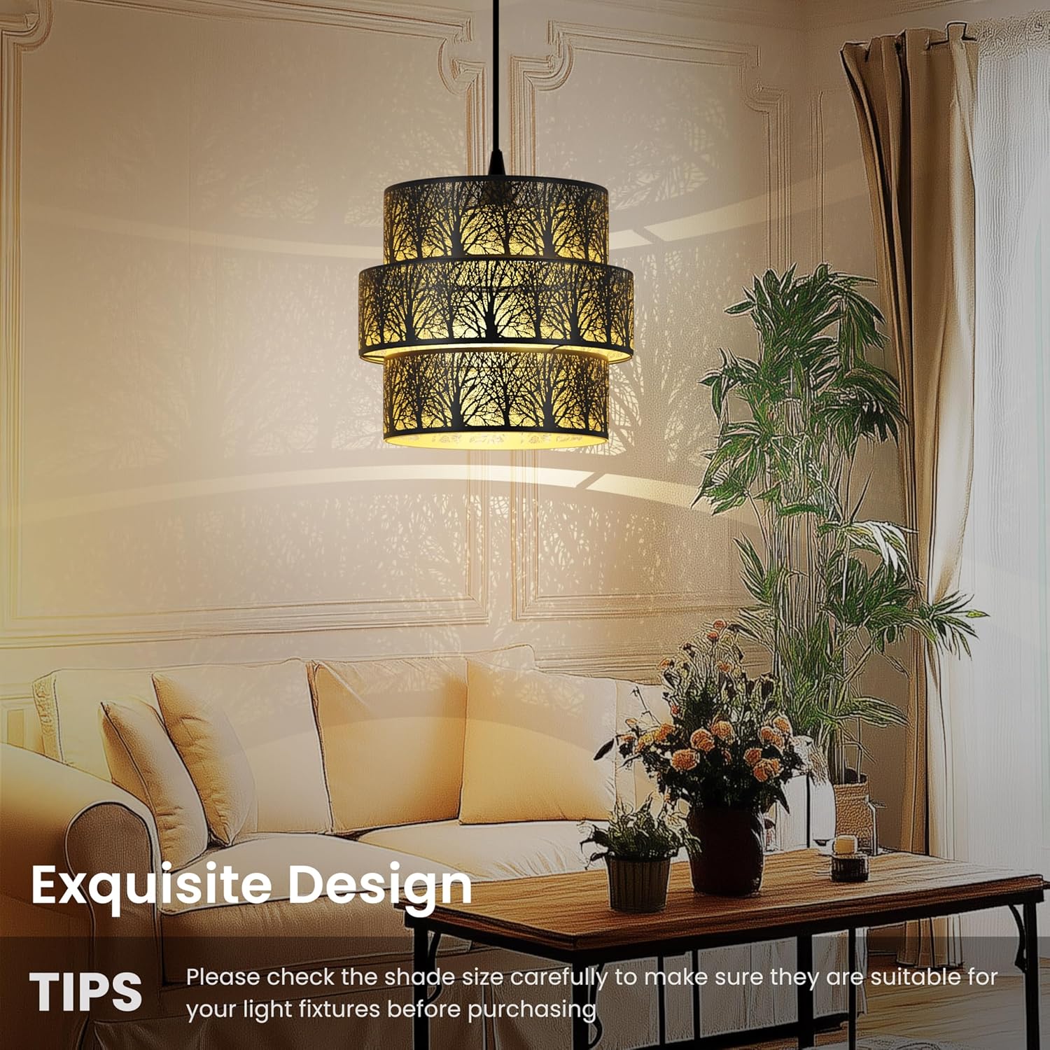 Lampshade Drum Lamp Shade 11.8" Width x 9" High x 1.63" Fitter (Spider) Metal Black Gold Large 3-tier Lamp Shades for Floor Lamps, Bedside Lamp and Table Lamp - Art Etched - Lampshades Replacement
