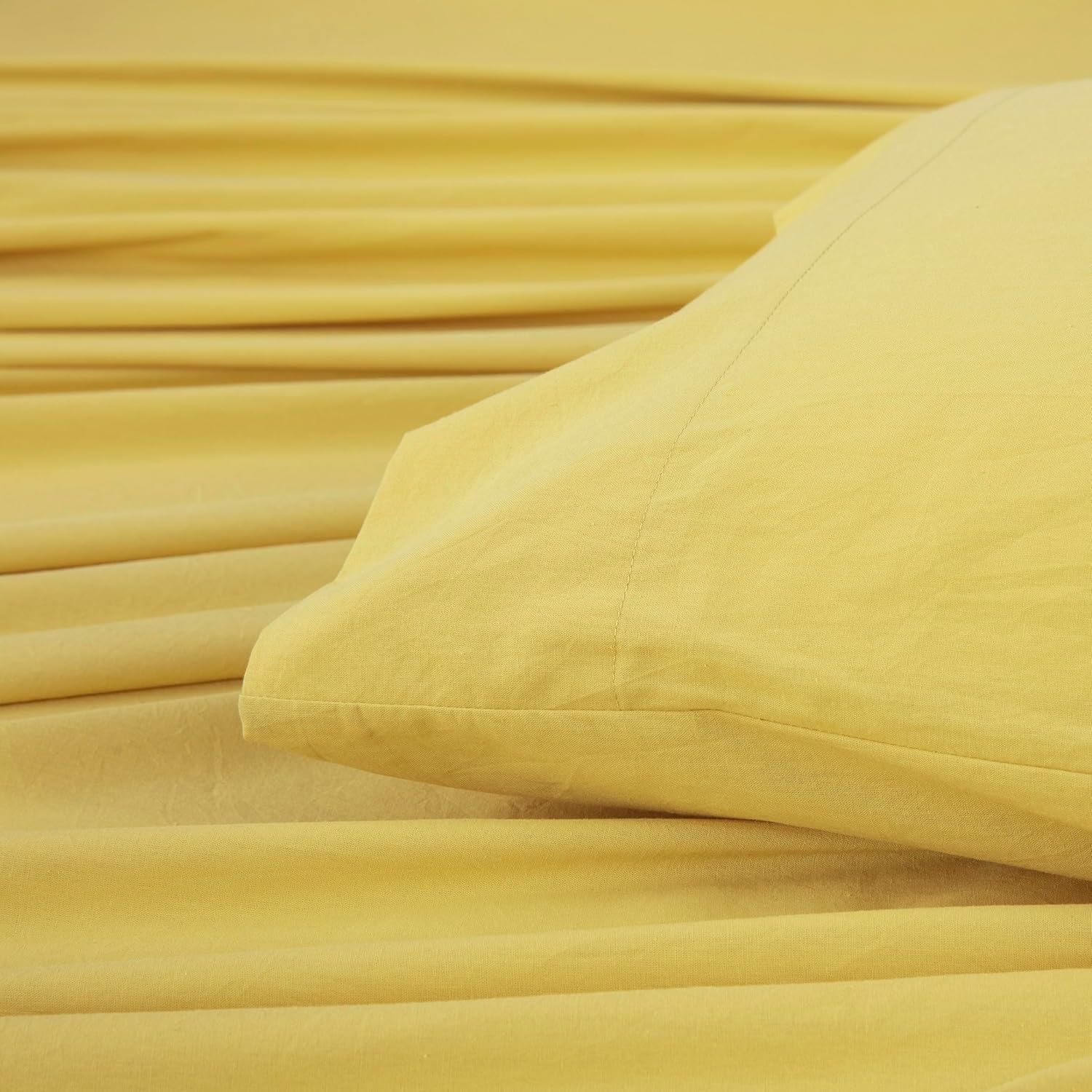 Chezmoi Collection Solid Yellow 100% Washed Cotton Bed Sheet Set Queen Size, 4-Piece Luxury Soft Breathable 16-Inches Deep Pocket Sheets and Pillowcases Set