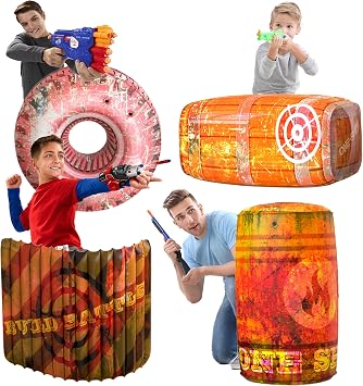 Skywin Inflatable Battle Bunkers - مجموعة عقبة من 4 قطع للعب القتال وعلامة الليزر البرتقالي