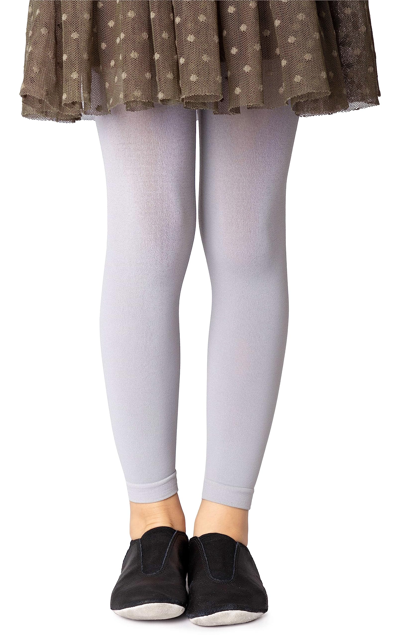 NOQ Girls Footless Tights Full Length Leggings Ankle Long Skirt Tunic Dress School Dance Ballet Opaque Microfiber, Paloma Grey 12/13 years (152/158 cm)