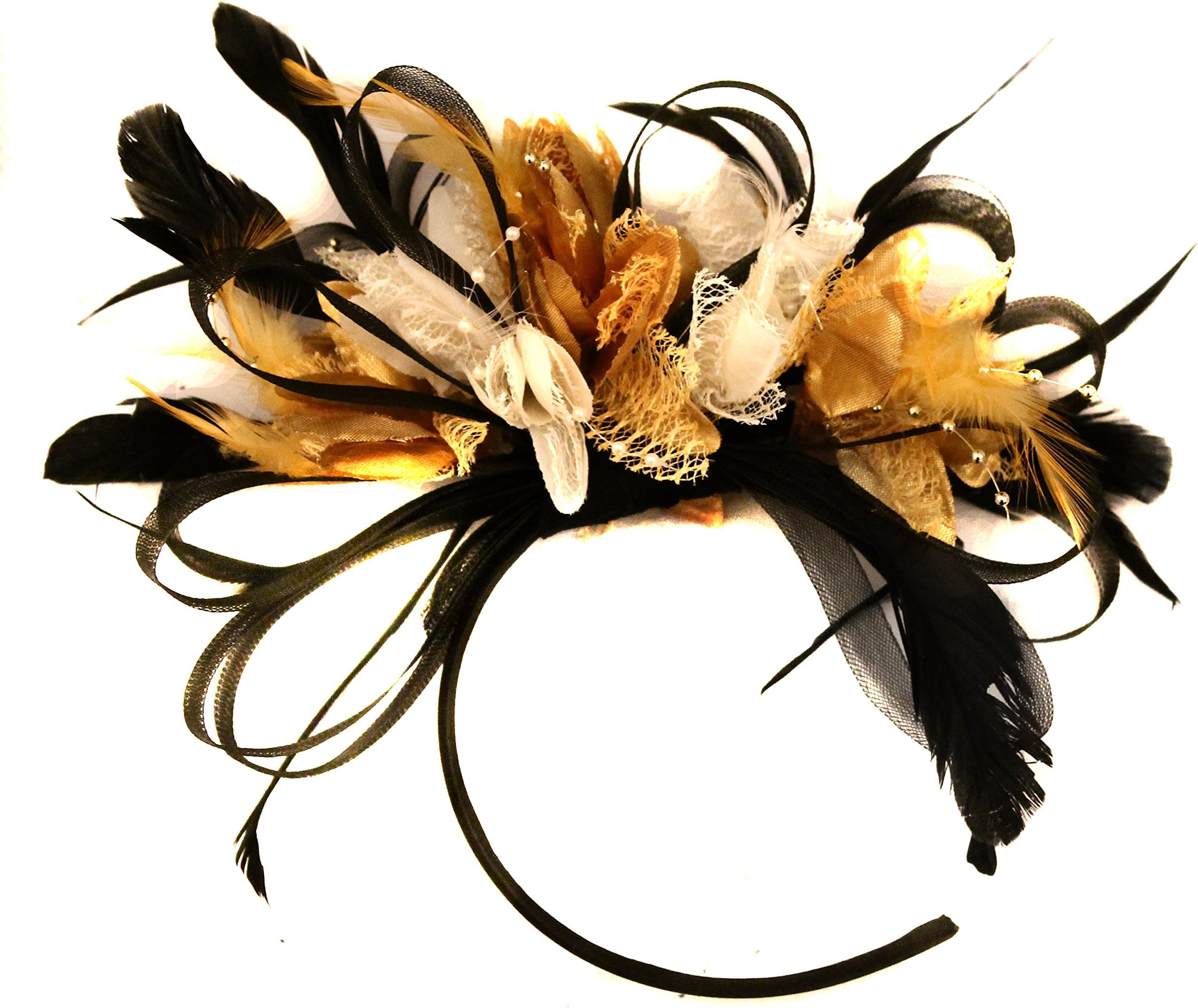 Black Gold and Cream Feather Hair Fascinator Headband Wedding Royal Ascot Races