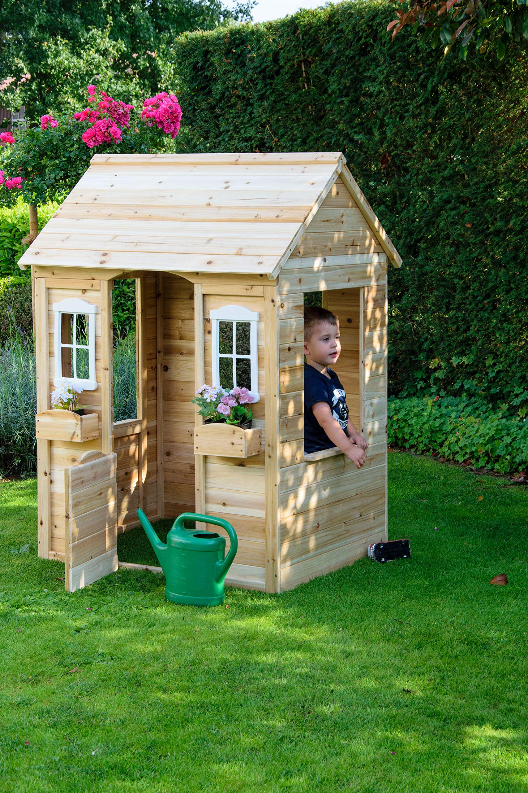 dobar® 94810FSCe Casa de Juegos con jardineras | Casa Infantil para Exteriores de 1,10 m de Altura | Casa de Juegos de jardín de Madera Maciza | Casa Infantil Impermeable con Ventana | 107 x 92 x
