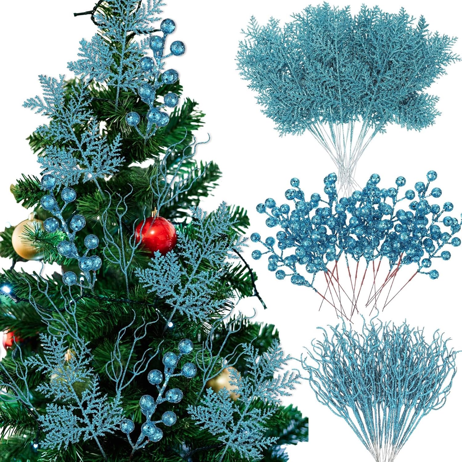75 Pcs Halloween Glitter Branches 3 Styles Artificial Christmas Picks Berries Stems Pine Needles Floral Twig Spray for Xmas Tree Ornaments DIY Wreath Garland(Light Blue)
