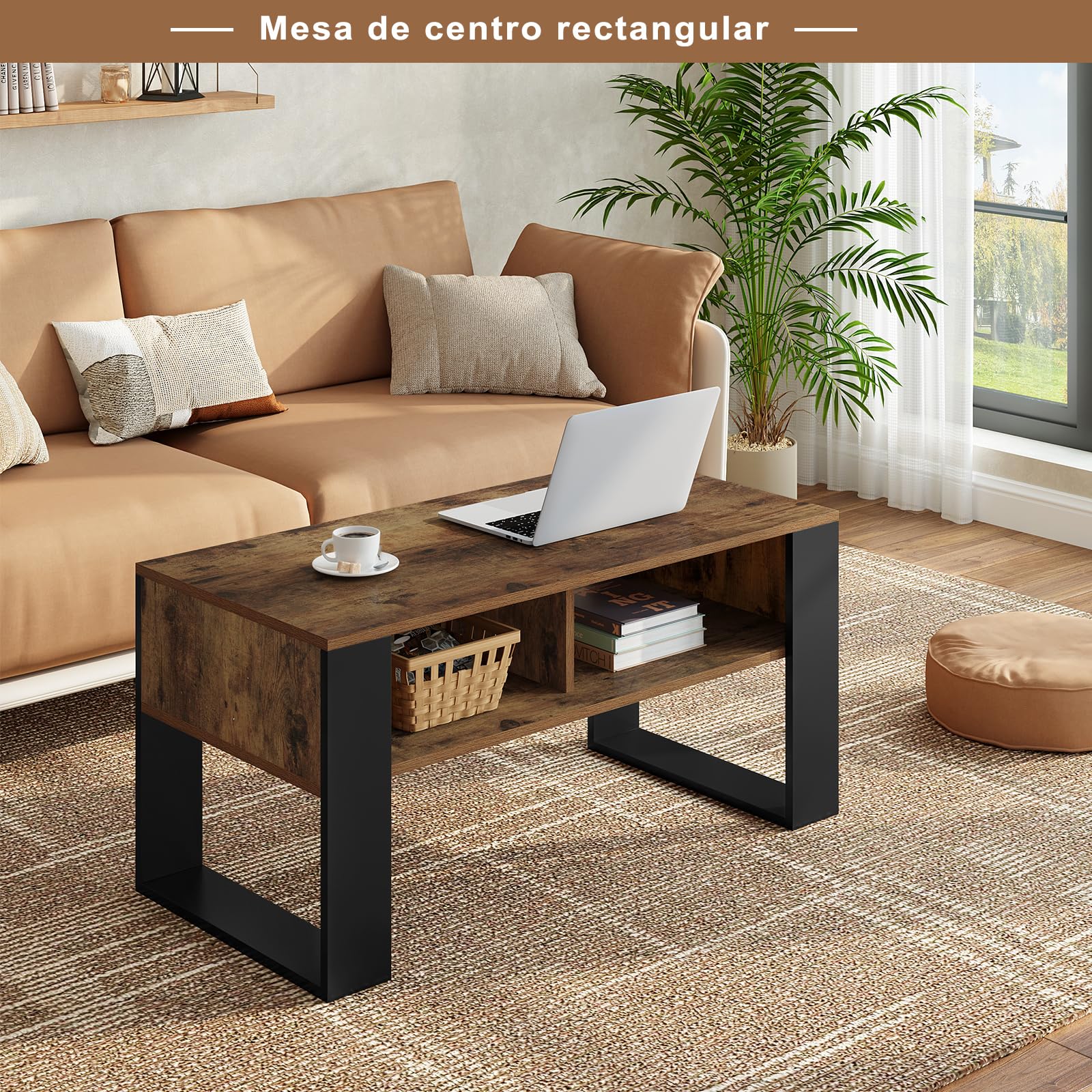 WOLTU Mesa de Centro, Mesita de Sofa con Comportamientos, Mesa Auxiliar con 2 Niveles, para Salon Balcon y Cafeteria, Marrón Rústico+Negro, 90x45x45cm, BTS16hov