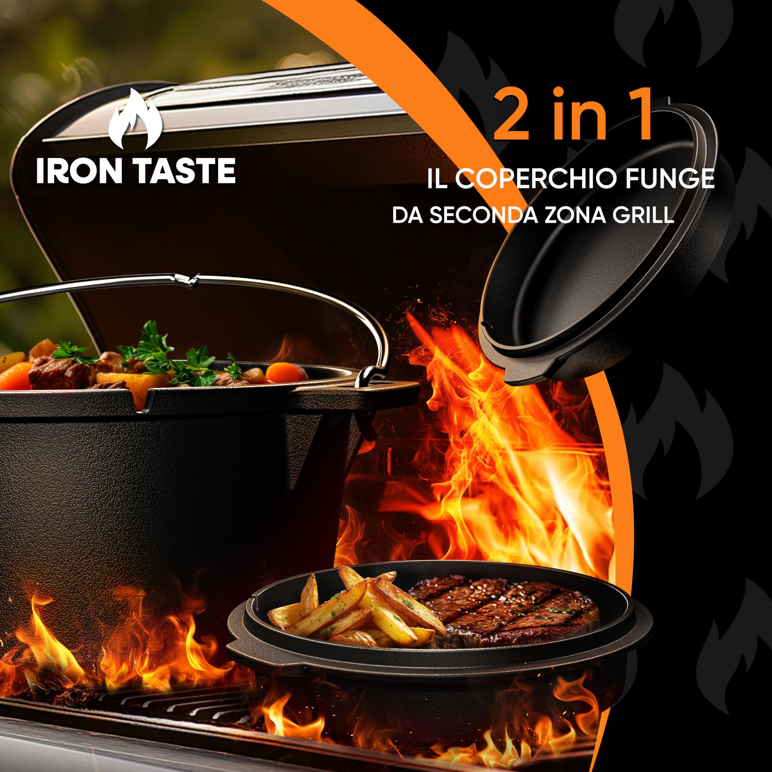 Cocotte Fonte Barbecue 4,5L – Cocotte en fonte pré-assaisonnée avec pieds et couvercle pratique, idéale pour pain, ragoûts, BBQ & camping