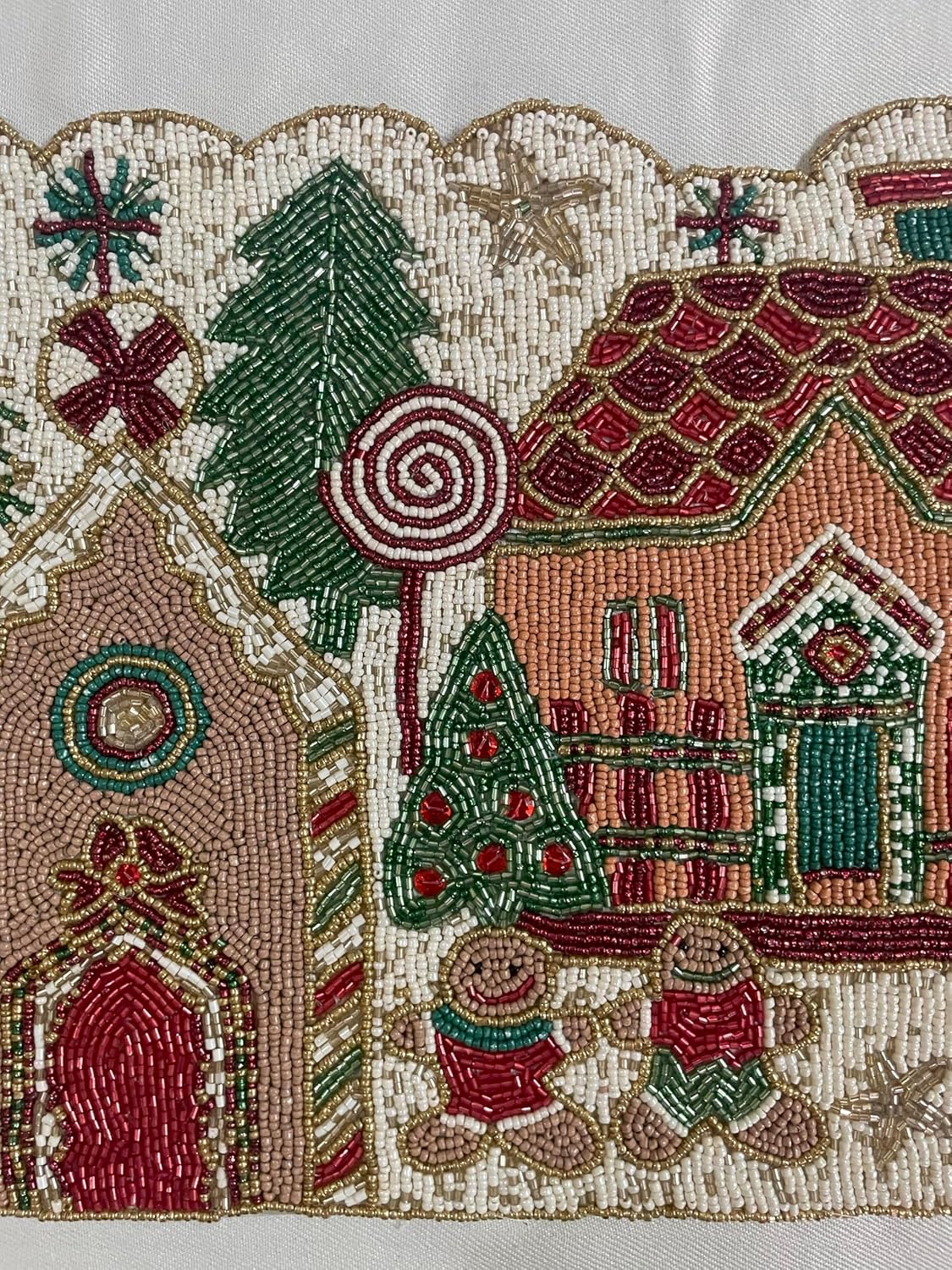 Gingerbread House Christmas Beaded Table Runner - Luxury Gift Table Decoration in Christmas Tree, Gingerbread Man, Candy Cane, Candy Tree, Winter Wonderland, Church - 36 inches Long 100% Handmade