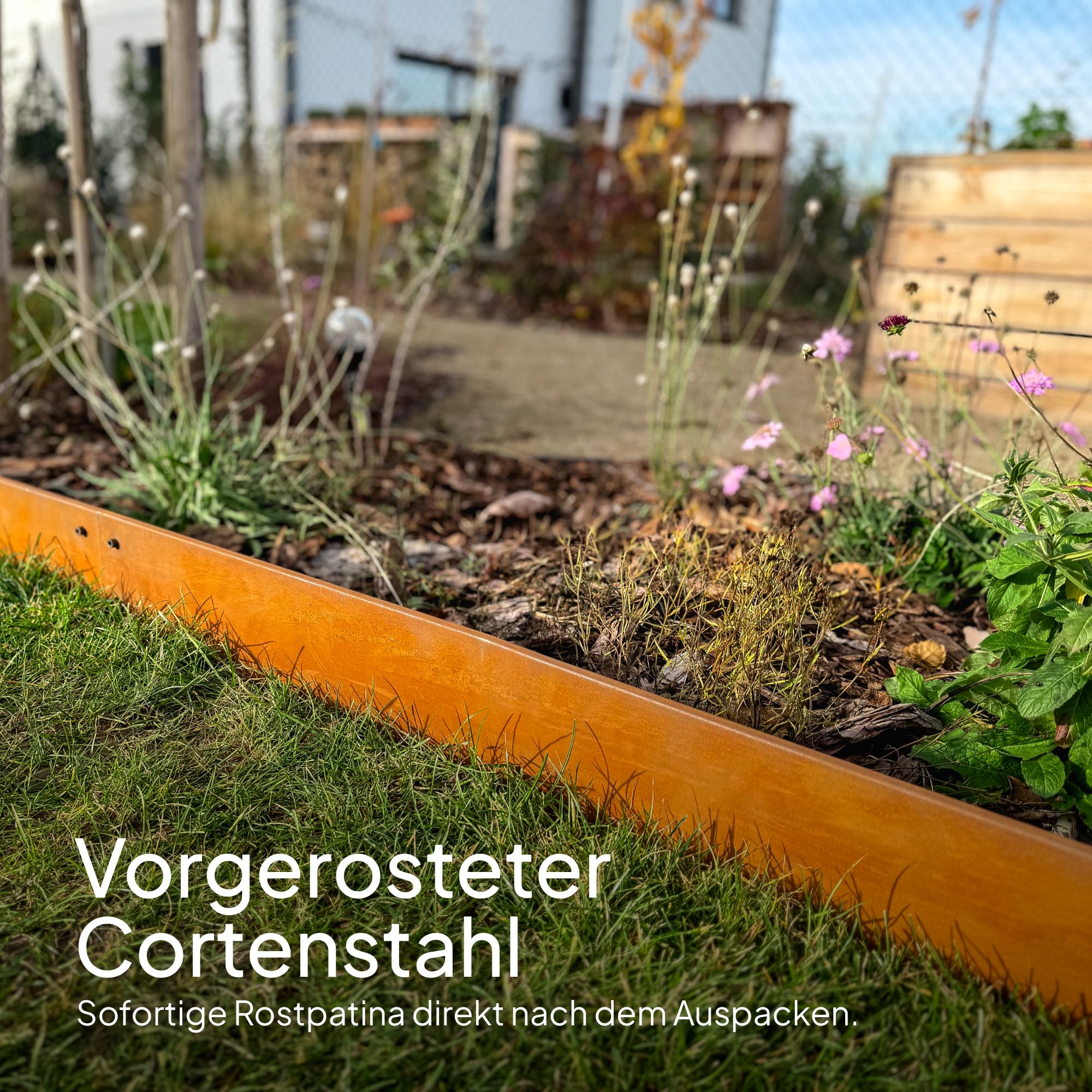 UNIGARDIA Rasenkante aus Cortenstahl, 8 m (8 Stück) - 1 cm breiter Rand - Robuste Metall-Beetkante 20 cm hoch für Wege & Beete - vorgerostete Beetbegrenzung für gerade Linien