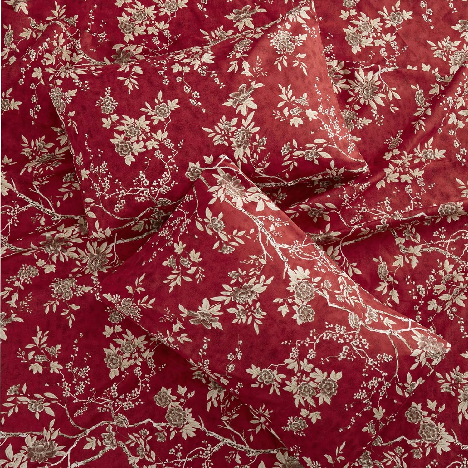Wake In Cloud - Floral Bed Sheets, 4-Piece Sheet Set, Vintage Flower Shabby Chic Botanical Coquette Cottagecore Bedding, Deep Pocket, Red, Queen Size