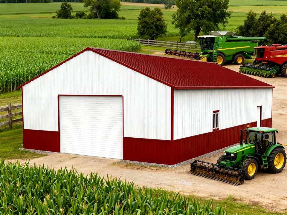 51 x 31 FT Metal Barn Garage, Heavy‑Duty 14‑Gauge Steel Storage Shed with 26‑Gauge Panels, Electric Roller Door, Side Entrance, Outdoor Equipment Shelter for Farm & Tractors,Cream + Brownish-Red
