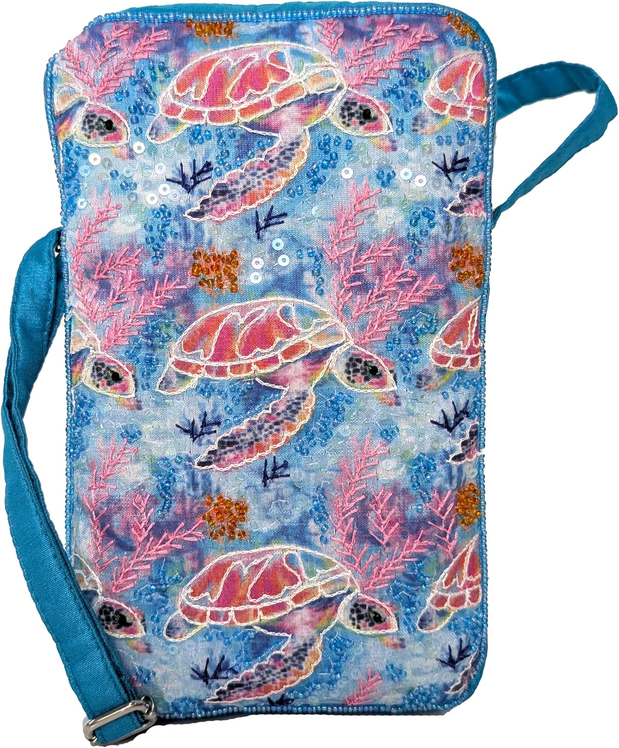 Sea Turtle Reef Print Crossbody Phone Bag, Watercolor Ocean Design, Turquoise Blue Canvas with Coral Pattern, Zip Closure