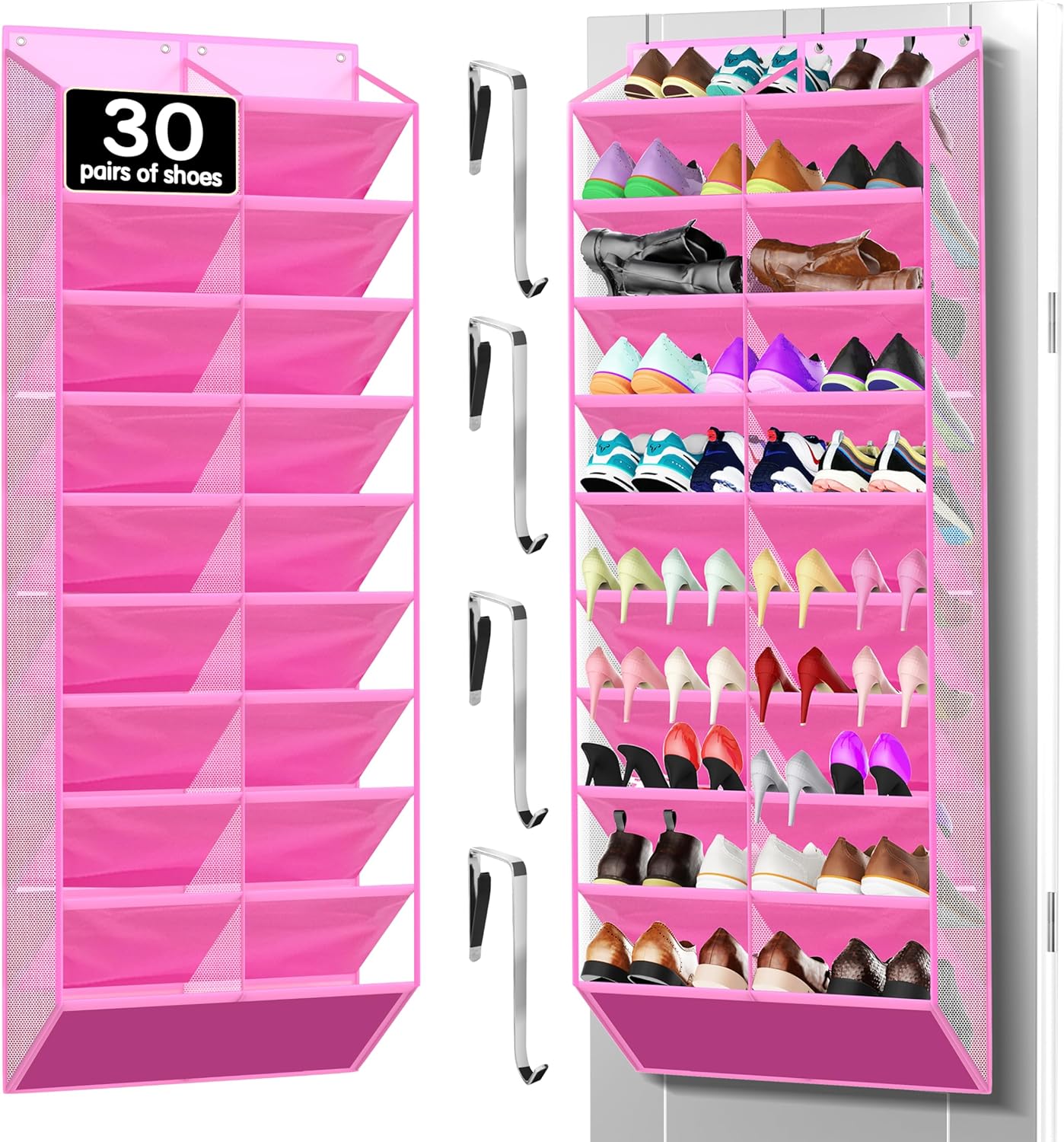 10-Tier Over the Door Shoe Organizer, 20 Pockets Holds 20-30 Pairs, Heavy-Duty Oxford Fabric with Hexagon Mesh for Boots & Sneakers- Pink