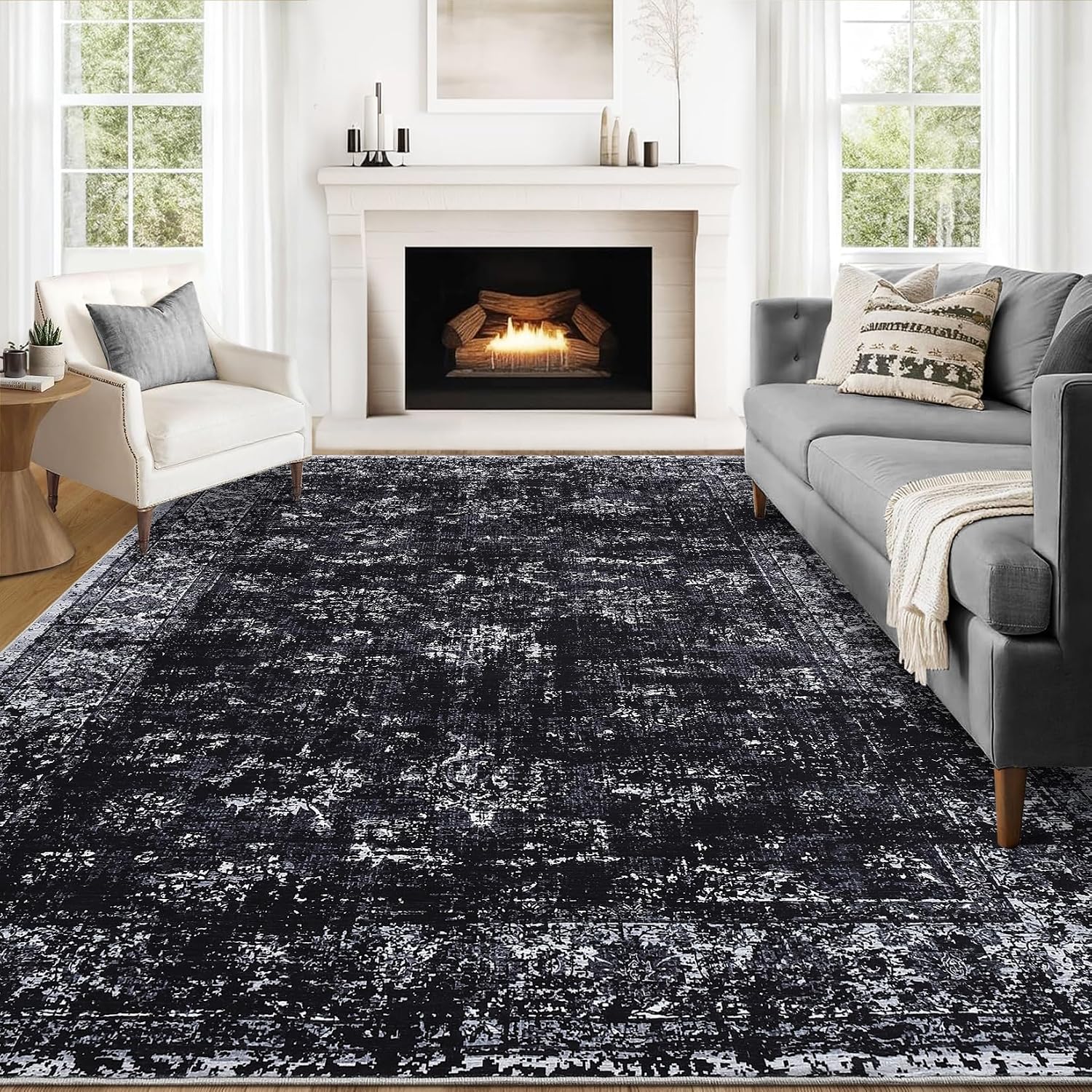 COZYLOOM Large Area Rug 10x13 Living Room Rug, Machine Washable Rug, Non Slip Soft Floor Carpet, Vintage Distressed Print Rug for High Traffic Areas in Bedroom, Nursery Room, Black
