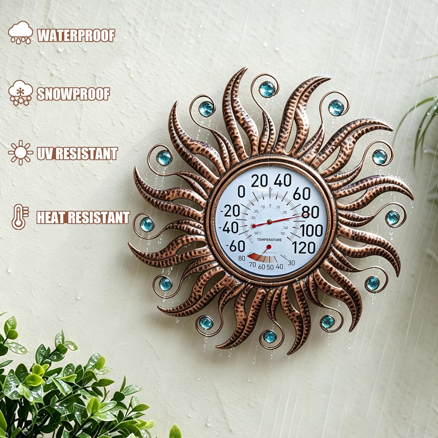 25 Inch Decorative Metal Sun Wall Thermometer Hygrometer, Indoor‑Outdoor Wall Art for Patio Pool Greenhouse (Brown)