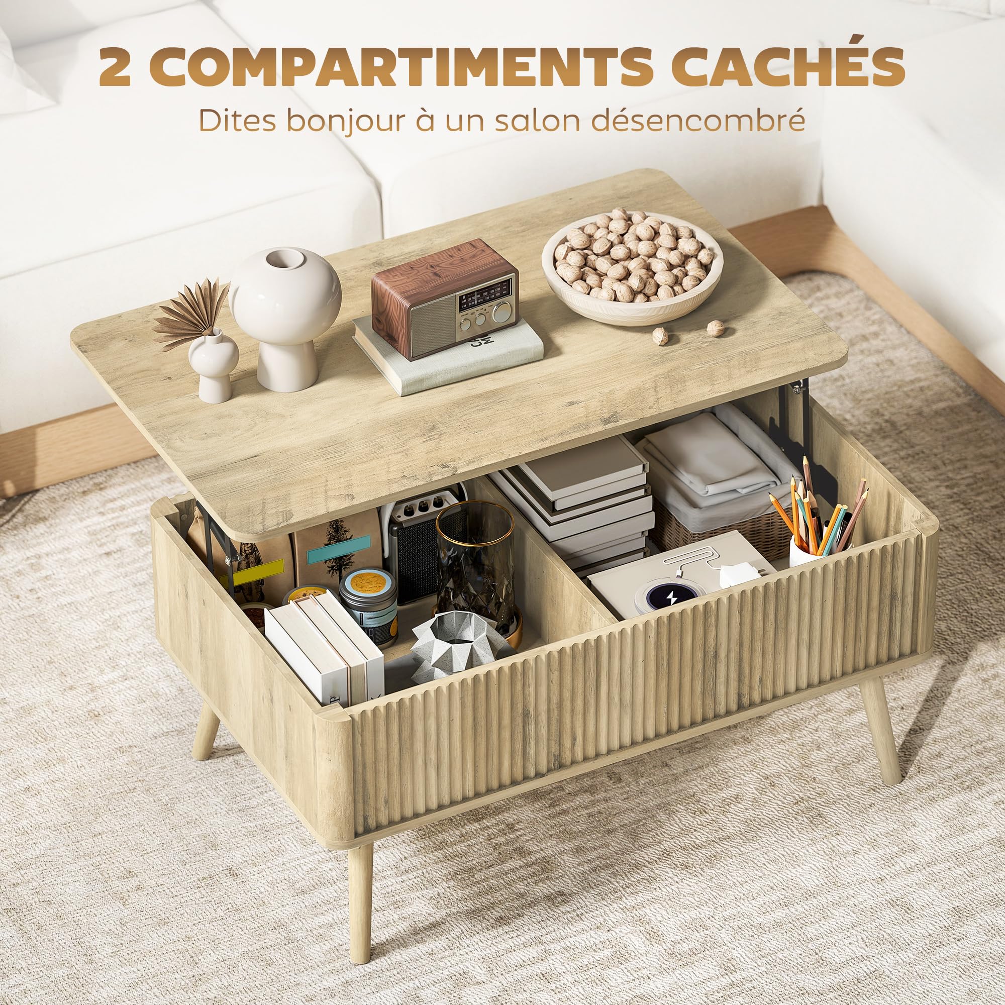 HOMCOM Table Basse Relevable 2 Compartiments Cachés 91 x 56 x 43 cm Chêne