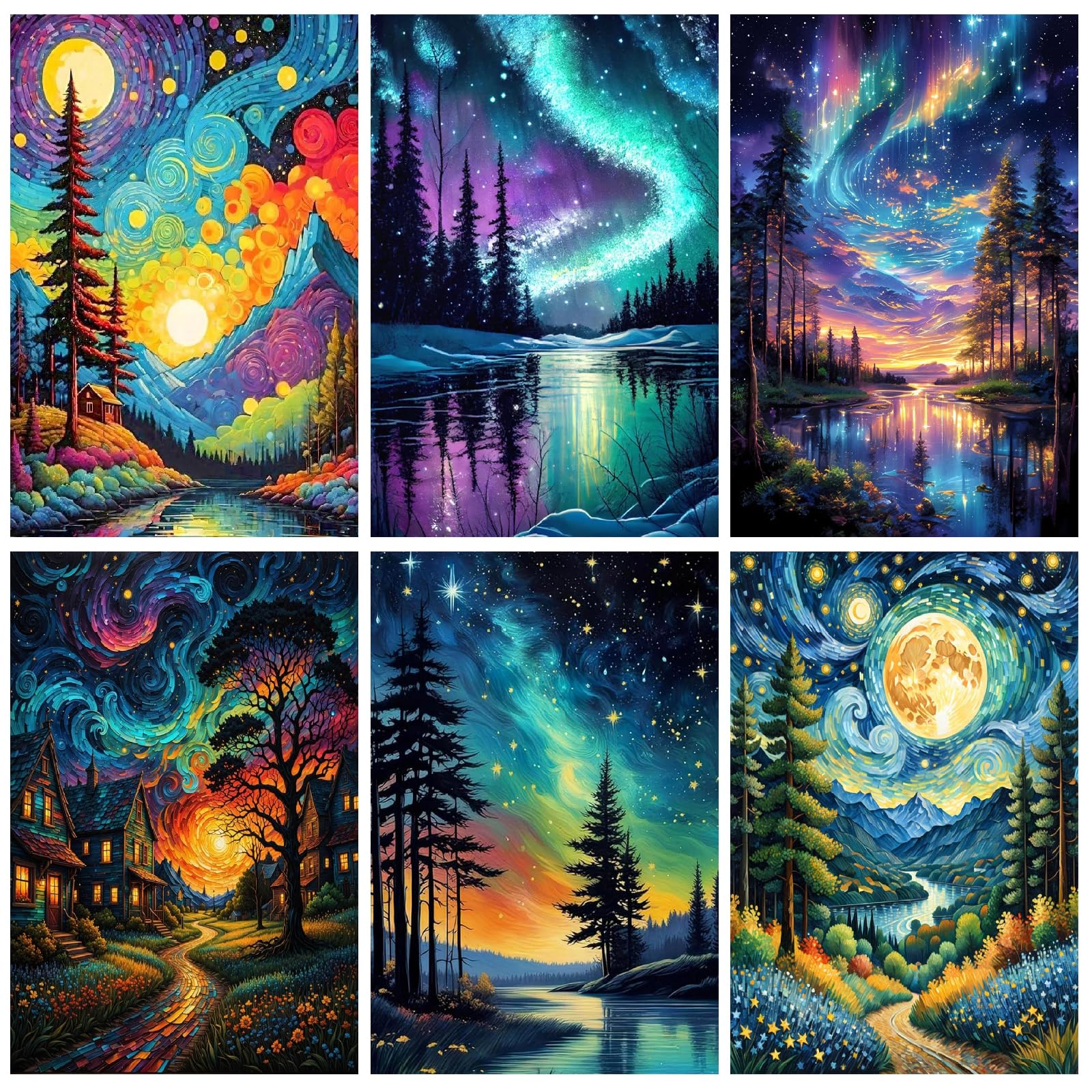 Jakener 6 Pack Paint by Numbers Kit for Adults Beginner,Starry Night Easy Adult Paint by Number Kits on Canvas DIY Painting for Beginners Art by Numbers for Home Wall Decor 10x12 Inch