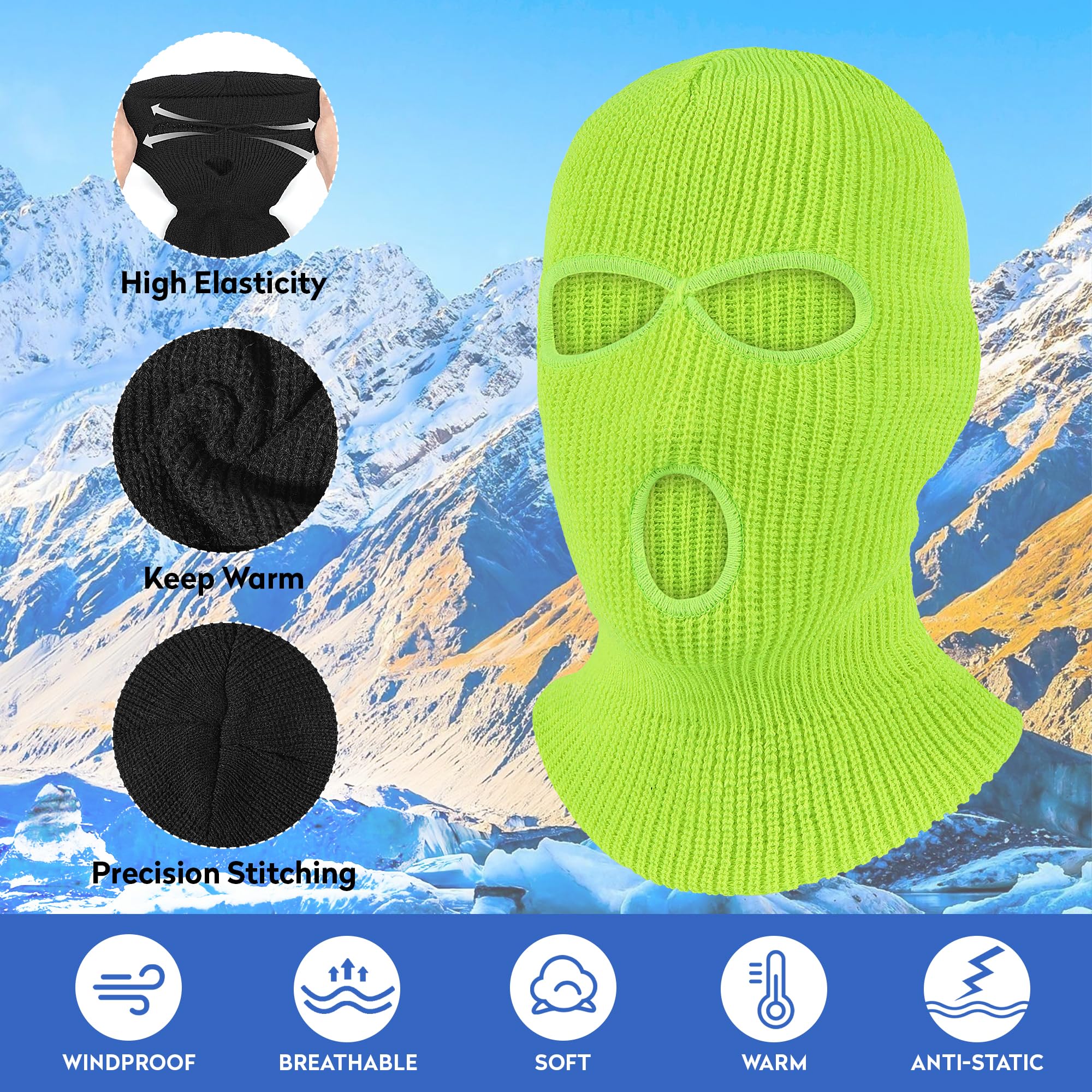 Pukavt 3 Hole Winter Knitted Mask Full Face Cover Ski Mask Warm Balaclava for Skiing Motorcycle Snowboard Fluorescent — view 3