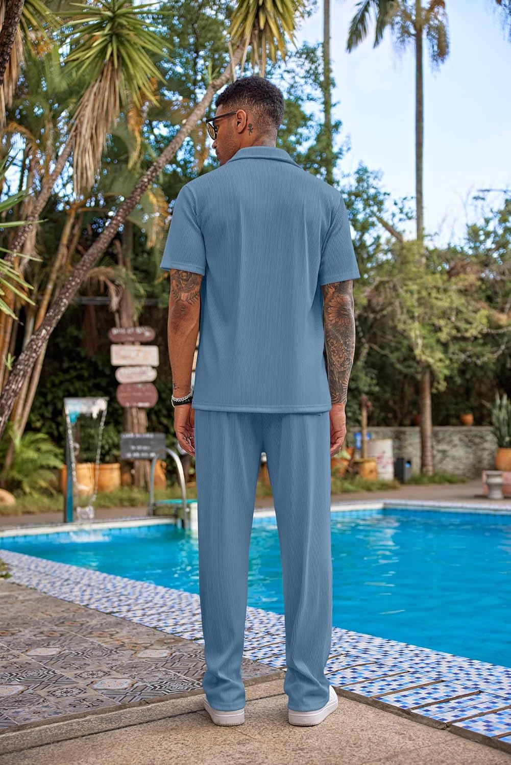 COOFANDY Men's 2 Piece Outfit Casual Short Sleeve Button Down Shirt Beach Summer Loose Pant Sets - Image 3