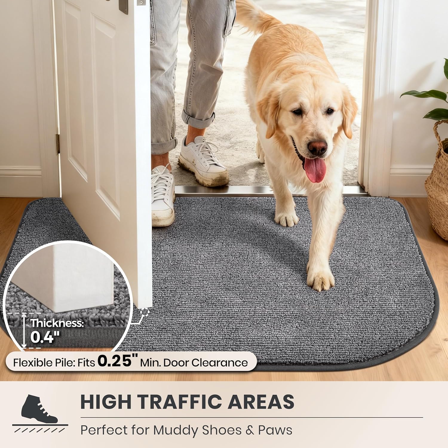 PURRUGS Dirt Trapping Door Mat Half Round 24" x 35.5", Non-Slip Machine Washable Entry Rug, Entrance Mat, Indoor Front Door Mat, Super Absorbent Entryway Rug for Muddy Shoes & Paws, Heathered Grey