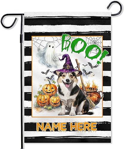 Banderas de jardín de Halloween para exteriores, regalo personalizado de Pembroke Corgi galés, regalo para amantes de los perros, bandera de