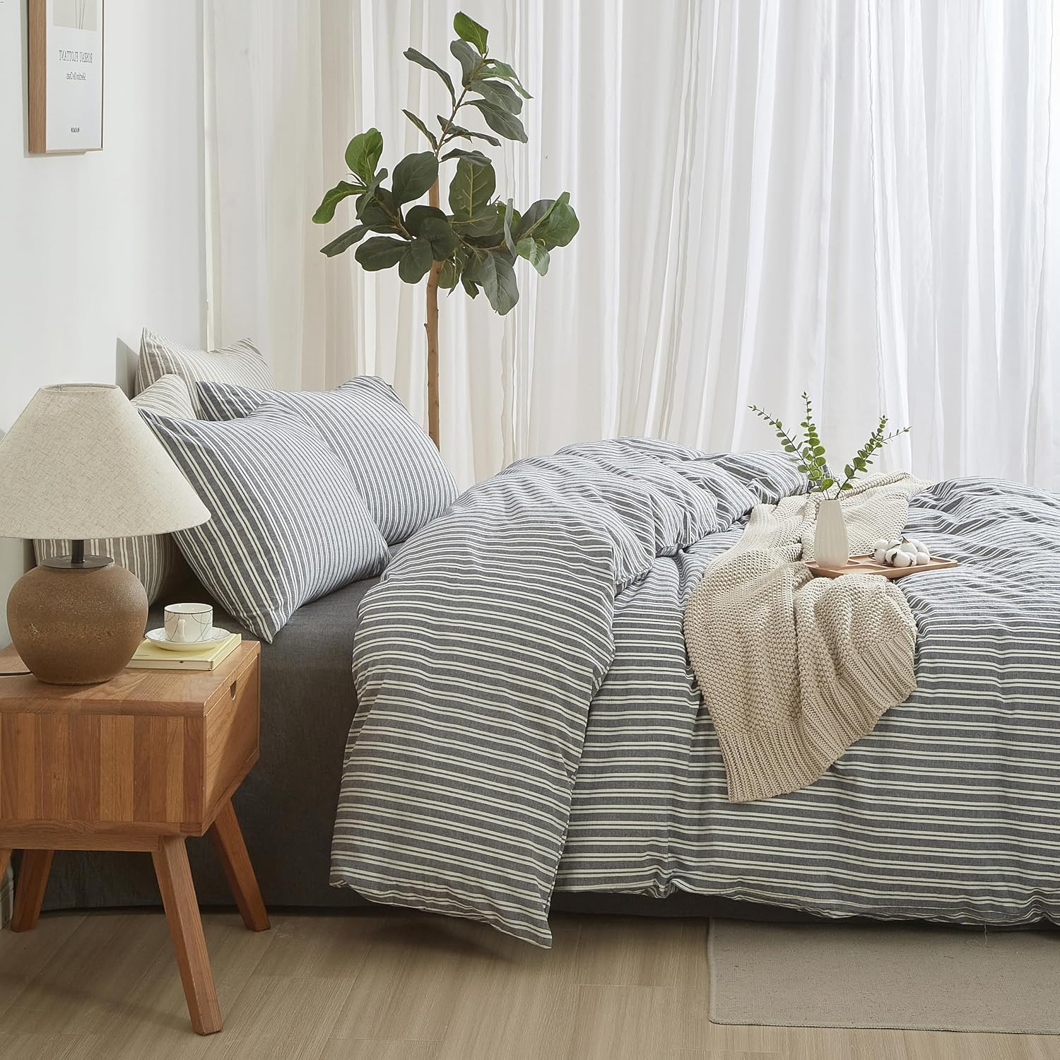 Striped Duvet Cover Set King Size 100% Washed Cotton Linen Touch Natural Wrinkle Comfortable Breathable Durable Bedding (King, Double Stripe-Navy Blue/White) - Image 2