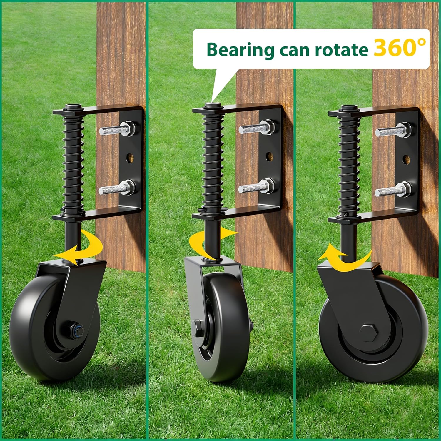 4.3"Heavy Duty Gate Wheel 360° Rotation Gate Wheel with Spring Loaded Shock Absorption Gate Caster Gate Kit for Fence, Farm, Garden and Wooden Gate 150 Lbs Capacity (2Pack)