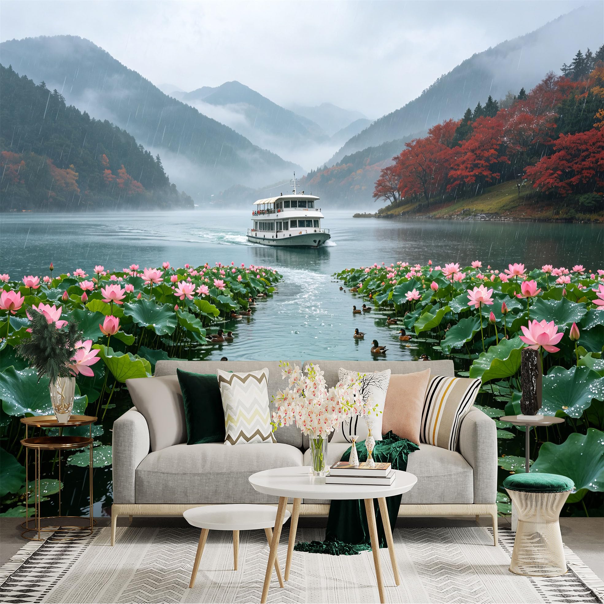 Custom Size Wall Sticker Mural， Rainy Lake with Cruise Ship， Lotus Flowers and Ducks， Misty Mountain Scenery， for wall Decoration， peelandstick wall Decals.