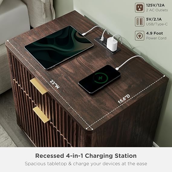 T4TREAM 23'' Fluted Nightstand Set of 2 with Charging Station, Large 2 Drawer Side Table, Modern End Table with Storage, Mid Century Bedside Table for Bedroom, Living Room, Curved Profile, Dark Walnut