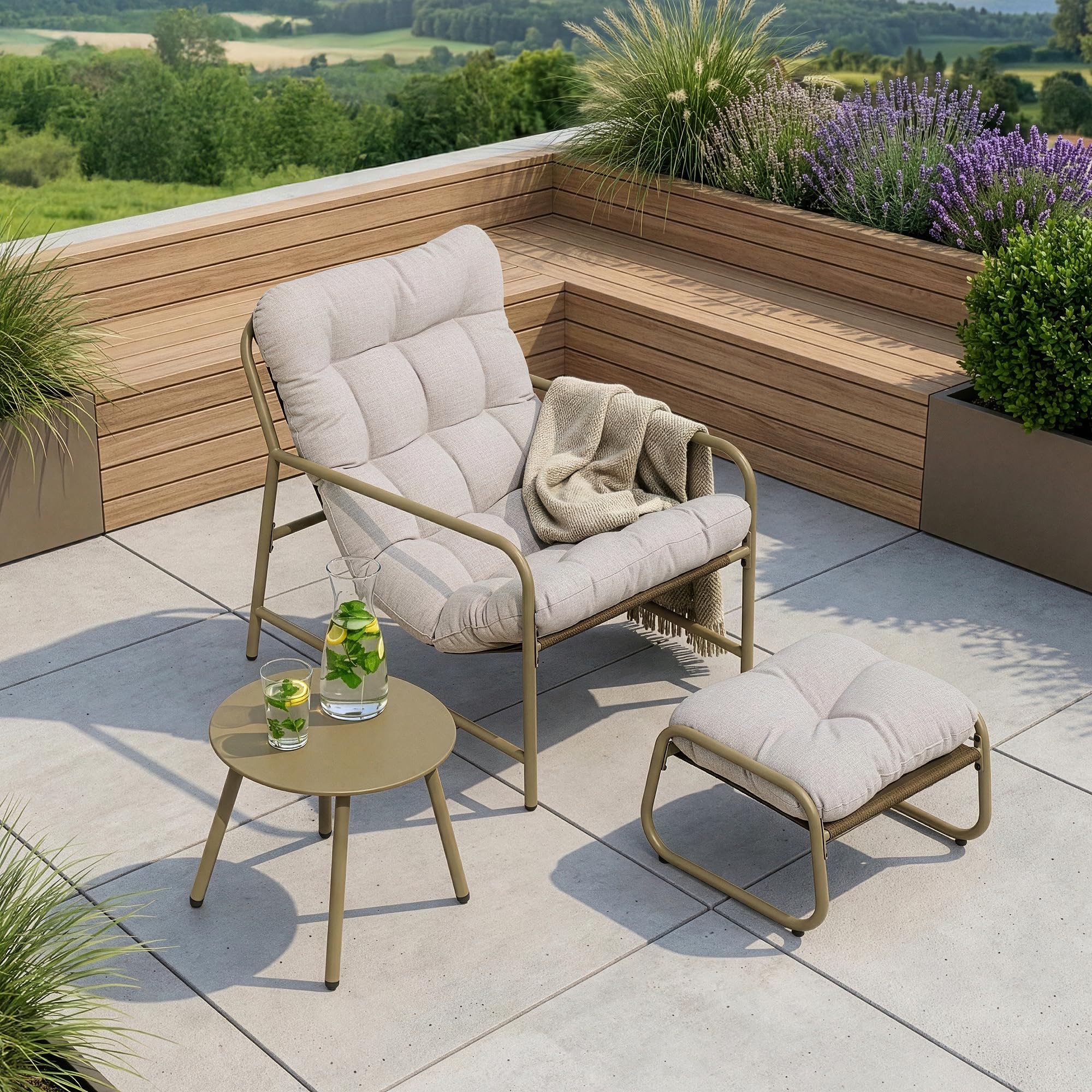 [en.casa] Gartenmöbel Set Trerdfjoa 3-teilig Balkonmöbel Beige/Grau