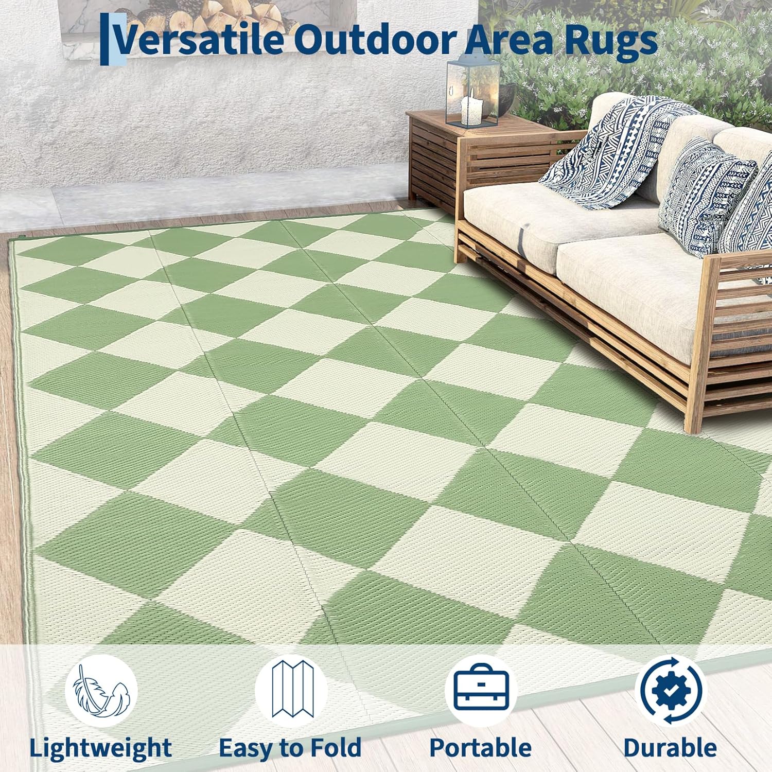 Garvee 9x12 Outdoor Rug for Patio Plastic Straw Rug Waterproof Reversible Mat Lightweight Foldable Carpet Easy Clean Large Rugs for Patio Porch Backyard Camping RV Beach Balcony Deck Checkered Green