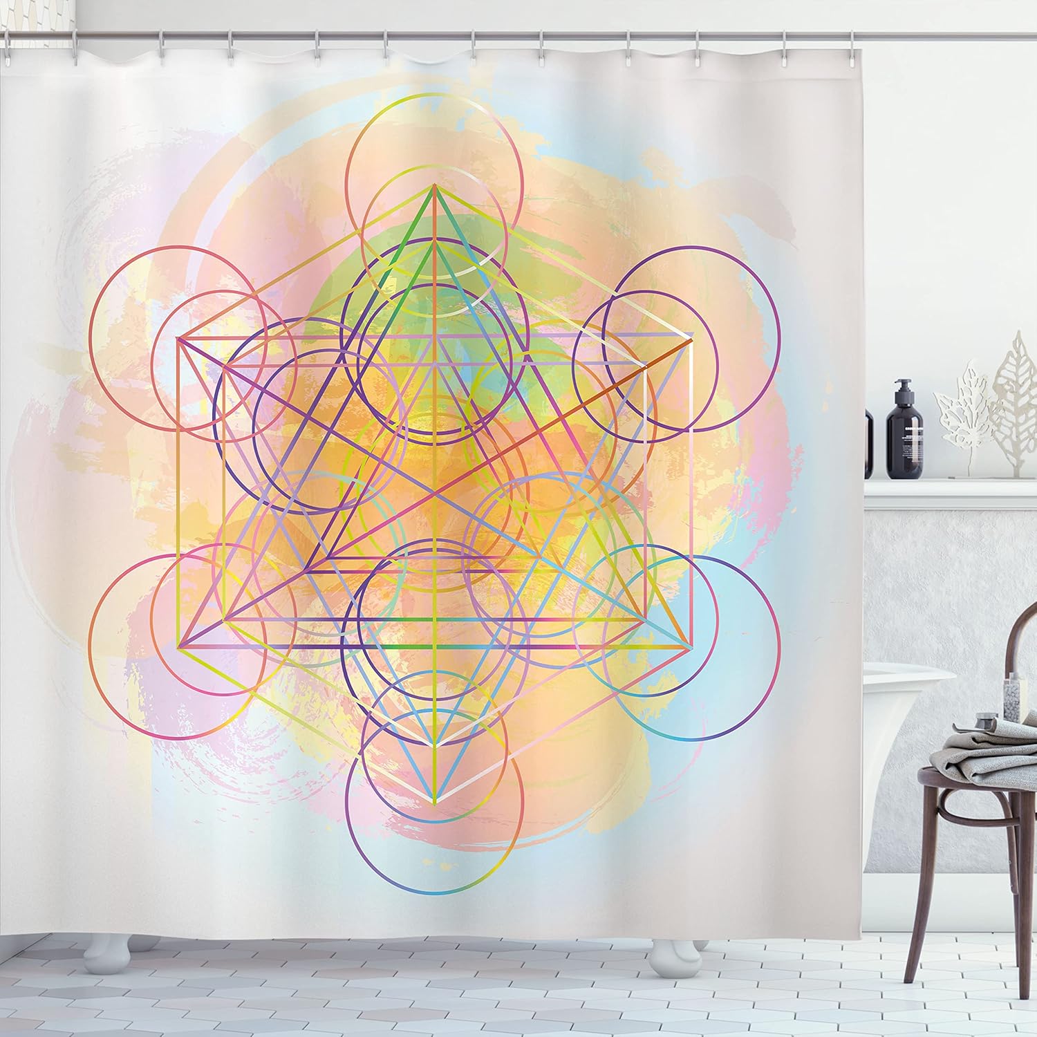 Ambesonne Geometry Shower Curtain, Psychedelic Flower of Life with Modern Hallucinatory Hexagonal Art, Cloth Fabric Bathroom Decor Set with Hooks, 69" W x 70" L, Blush Soft Blue Rose