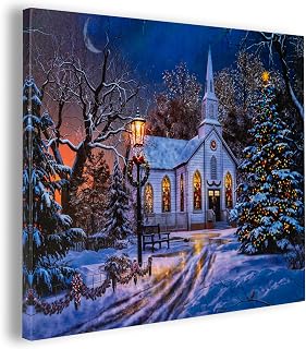 DEMAGNNIE Light Up Pictures Wall Canvas Art Church Printing with Timer, Lighted Winter Scene LED Canvas Print with Christmas Trees Painting, Optic Fiber Poster for Living Study Dinning Room 14" x 17"